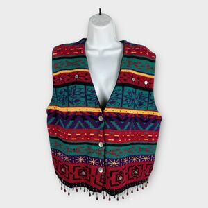 90s Carole Little Red Striped Knitted Beaded Fringe‎ Colorful Boho Vest Large